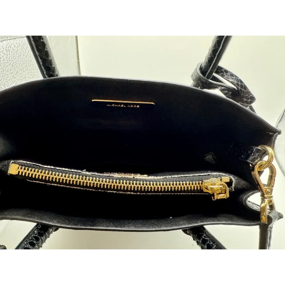 Michael Kors Mercer Messenger Bag Medium Black Snake Embossed Leather Gold Purse